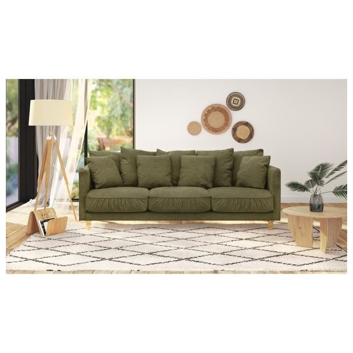Canapé fixe 4 places CONSTANCE - Tissu vert - Pied en bois massif - L 212 x H 87 x P 93 cm Canapé fixe 4 places CONSTANCE - Tissu vert - Pied en bois massif - L 212 x H 87 x P 93 cm