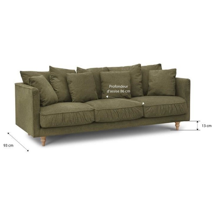 Canapé fixe 4 places CONSTANCE - Tissu vert - Pied en bois massif - L 212 x H 87 x P 93 cm Canapé fixe 4 places CONSTANCE - Tissu vert - Pied en bois massif - L 212 x H 87 x P 93 cm