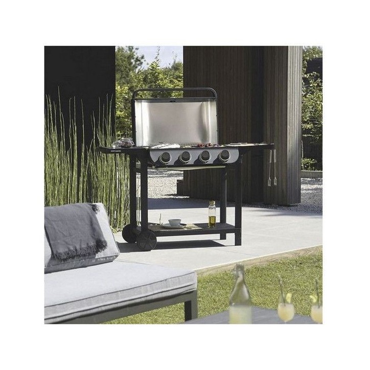 COOK'IN GARDEN Barbecue gaz FLAVO 76SC sur chariot - 4 feux - 10 kW - L 158×l 59×H 105 cm - Surface cuisson : L 76×l 40 cm -