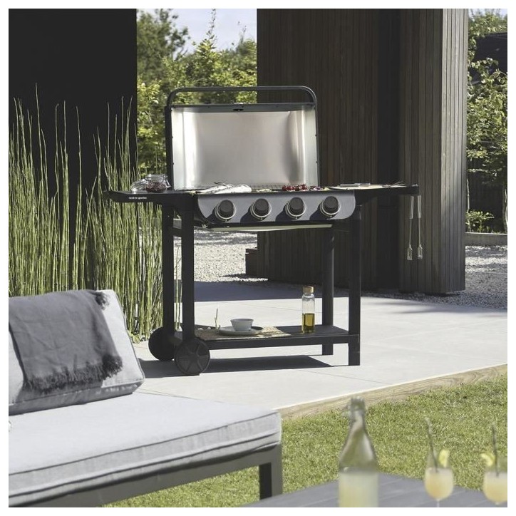 COOK'IN GARDEN Barbecue gaz FLAVO 76SC sur chariot - 4 feux - 10 kW - L 158×l 59×H 105 cm - Surface cuisson : L 76×l 40 cm -