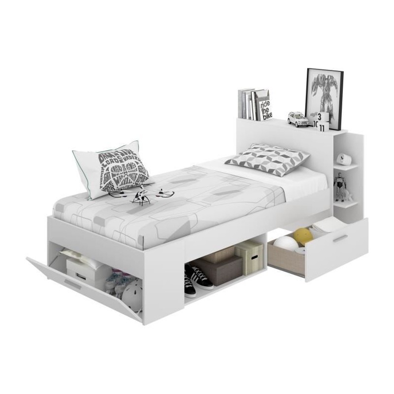 SAX Lit enfant 90x190 cm multiples rangements - Décor blanc SAX Lit enfant 90x190 cm multiples rangements - Décor blanc