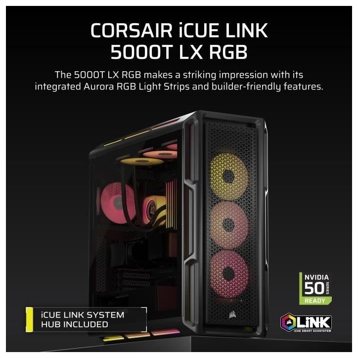 Boîtier PC - CORSAIR - Série iCUE LINK 5000T LX RGB - Moyen tour - Noir Boîtier PC - CORSAIR - Série iCUE LINK 5000T LX RGB - Moyen tour - Noir