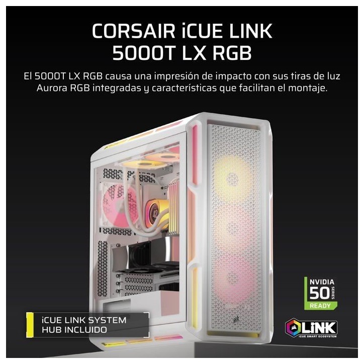 Boîtier PC ATX - CORSAIR - 5000T LX RGB - 3 Ventilateurs LX120 RGB - Éclairage Aurora RGB - Blanc Boîtier PC ATX - CORSAIR - 5000T LX RGB - 3 Ventilateurs LX120 RGB - Éclairage Aurora RGB - Blanc