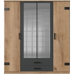 Armoire CORFOU - Décor Chene et gris anthracite + Miroirs - 4 portes