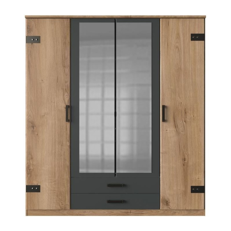 Armoire CORFOU - Décor Chene et gris anthracite + Miroirs - 4 portes Armoire CORFOU - Décor Chene et gris anthracite + Miroirs - 4 portes