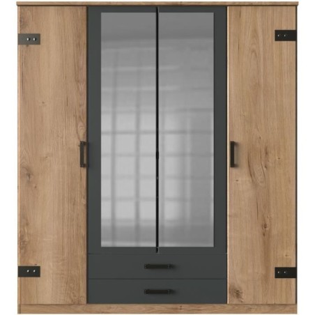 Armoire CORFOU - Décor Chene et gris anthracite + Miroirs - 4 portes
