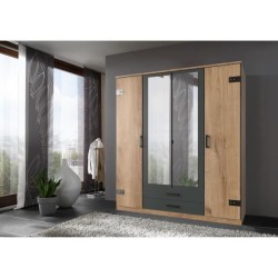 Armoire CORFOU - Décor Chene et gris anthracite + Miroirs - 4 portes