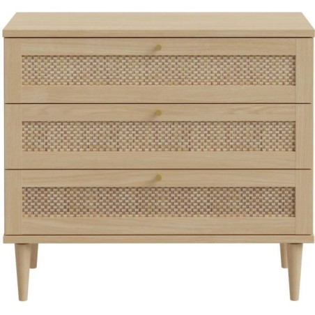 Commode - 3 tiroirs - Décor Chene- Cannage - L90,4 x P41,4 x H80 cm -