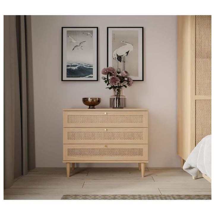 Commode - 3 tiroirs - Décor Chene- Cannage - L90,4 x P41,4 x H80 cm - CALASETTA Commode - 3 tiroirs - Décor Chene- Cannage - L90,4 x P41,4 x H80 cm - CALASETTA