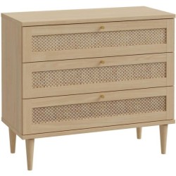 Commode - 3 tiroirs - Décor Chene- Cannage - L90,4 x P41,4 x H80 cm -
