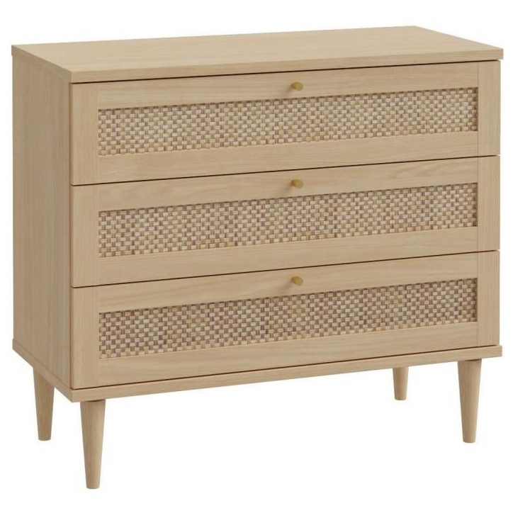 Commode - 3 tiroirs - Décor Chene- Cannage - L90,4 x P41,4 x H80 cm - CALASETTA Commode - 3 tiroirs - Décor Chene- Cannage - L90,4 x P41,4 x H80 cm - CALASETTA