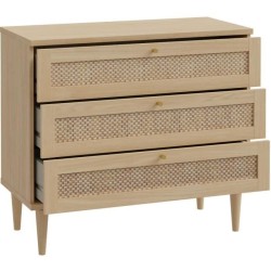 Commode - 3 tiroirs - Décor Chene- Cannage - L90,4 x P41,4 x H80 cm -