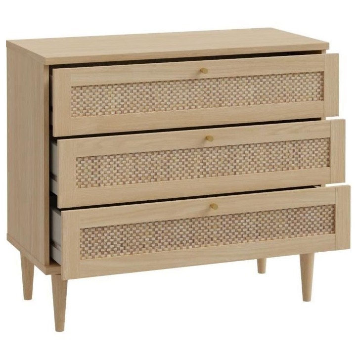 Commode - 3 tiroirs - Décor Chene- Cannage - L90,4 x P41,4 x H80 cm - CALASETTA Commode - 3 tiroirs - Décor Chene- Cannage - L90,4 x P41,4 x H80 cm - CALASETTA