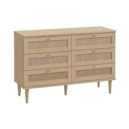 Commode - 6 tiroirs - Décor Chene - Cannage - L120 x P41,4 x H80 cm -