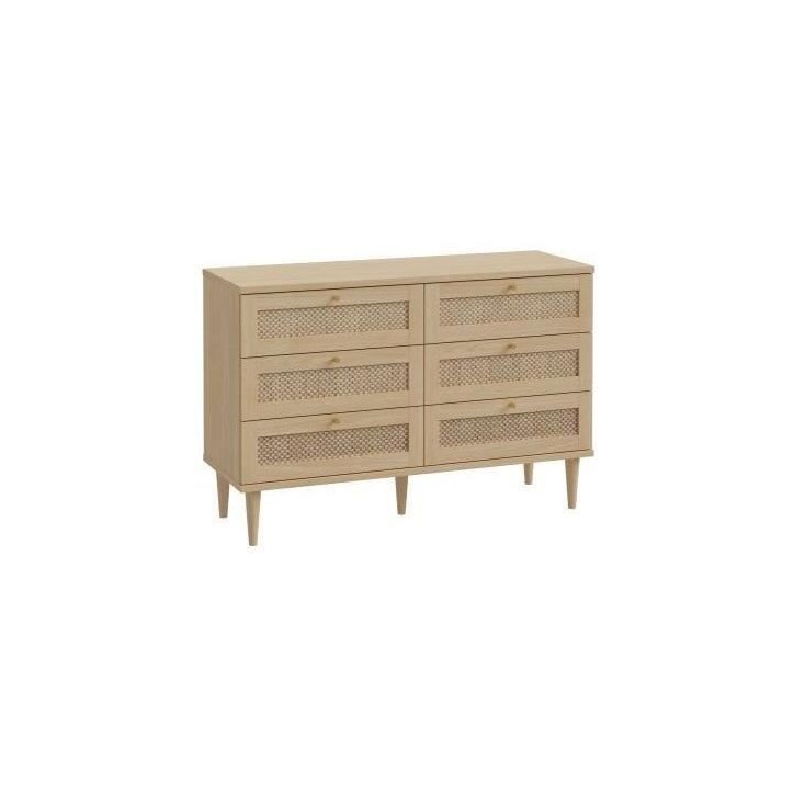 Commode - 6 tiroirs - Décor Chene - Cannage - L120 x P41,4 x H80 cm - CALASETTA