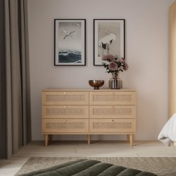 Commode - 6 tiroirs - Décor Chene - Cannage - L120 x P41,4 x H80 cm -