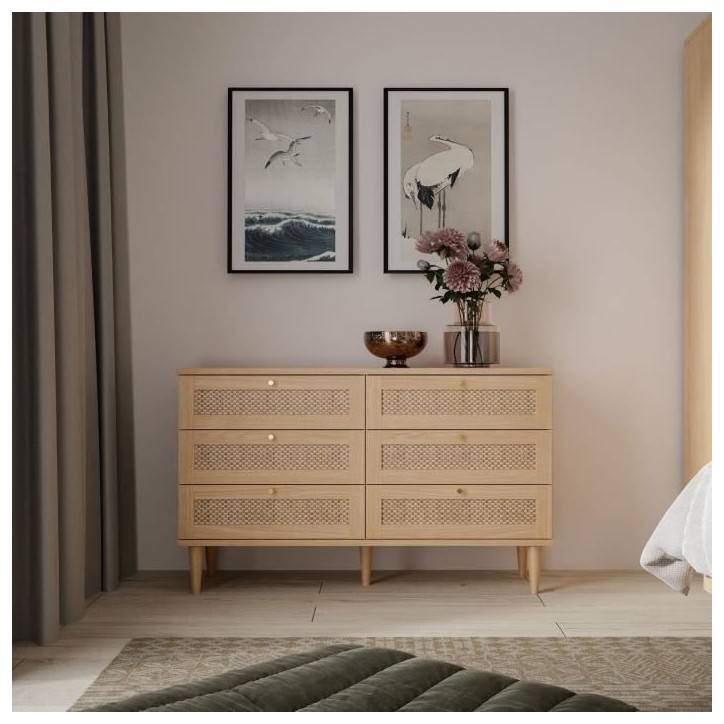Commode - 6 tiroirs - Décor Chene - Cannage - L120 x P41,4 x H80 cm - CALASETTA