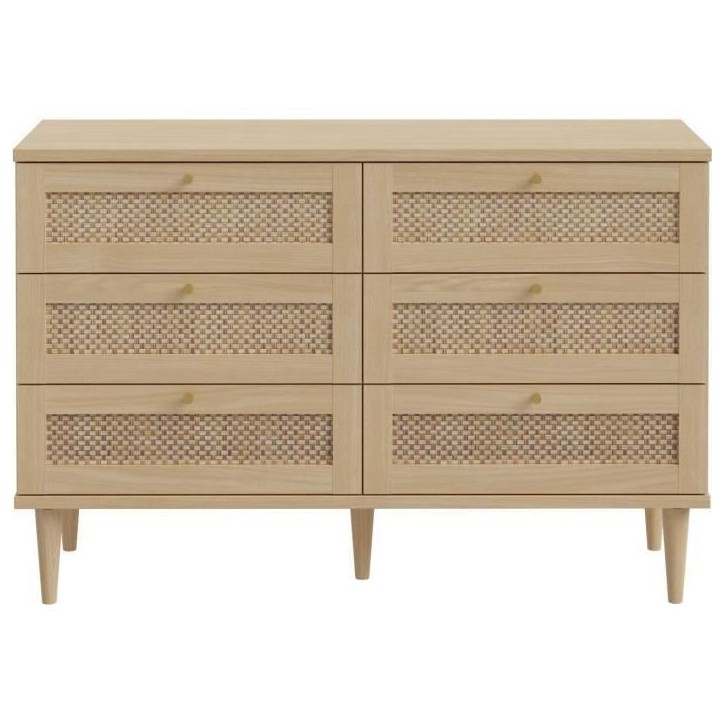 Commode - 6 tiroirs - Décor Chene - Cannage - L120 x P41,4 x H80 cm - CALASETTA