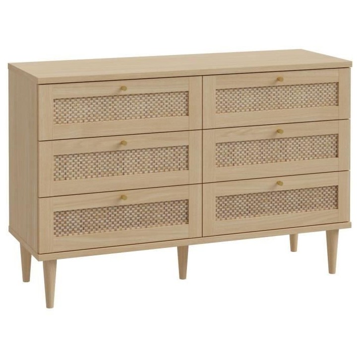 Commode - 6 tiroirs - Décor Chene - Cannage - L120 x P41,4 x H80 cm - CALASETTA