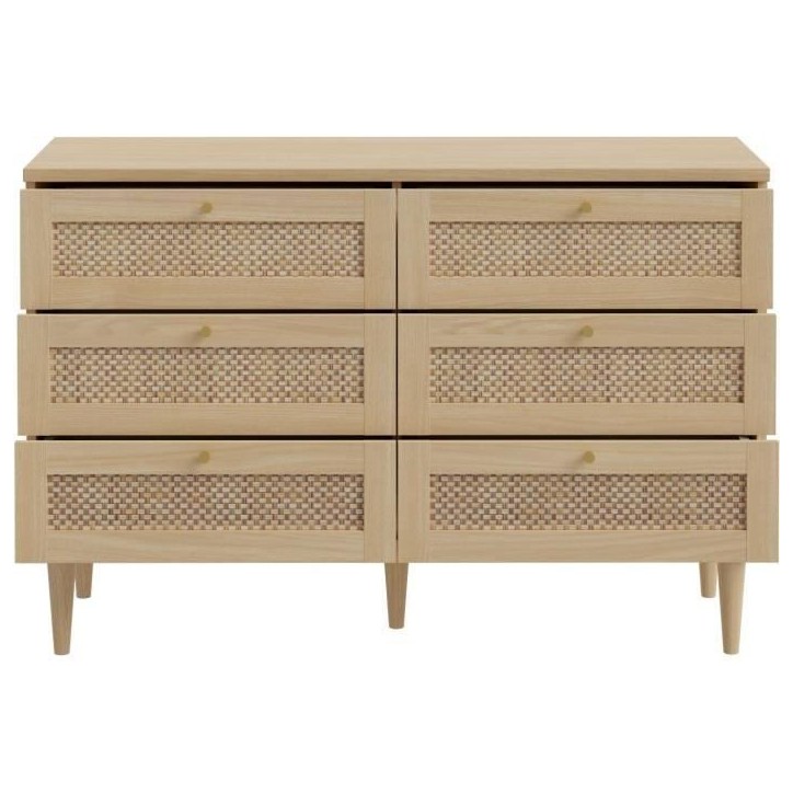 Commode - 6 tiroirs - Décor Chene - Cannage - L120 x P41,4 x H80 cm - CALASETTA