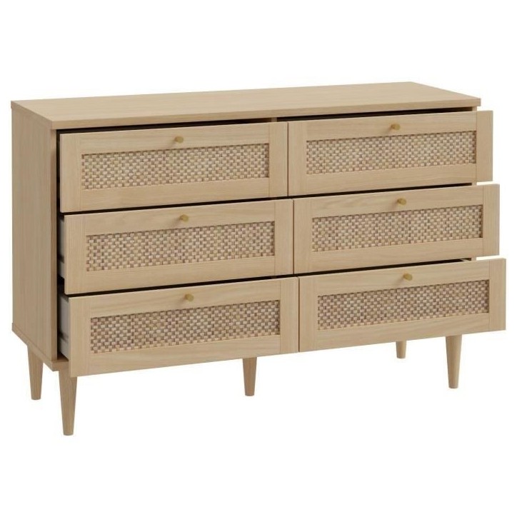 Commode - 6 tiroirs - Décor Chene - Cannage - L120 x P41,4 x H80 cm - CALASETTA