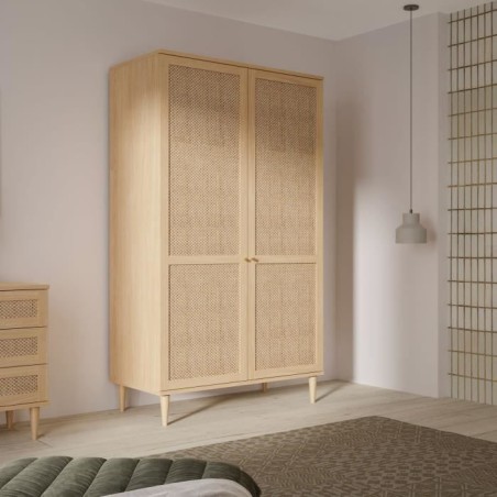 Armoire de chambre - 2 portes battantes - Décor Chene - Cannage - L110 x H208 x P54 cm - CALASETTA