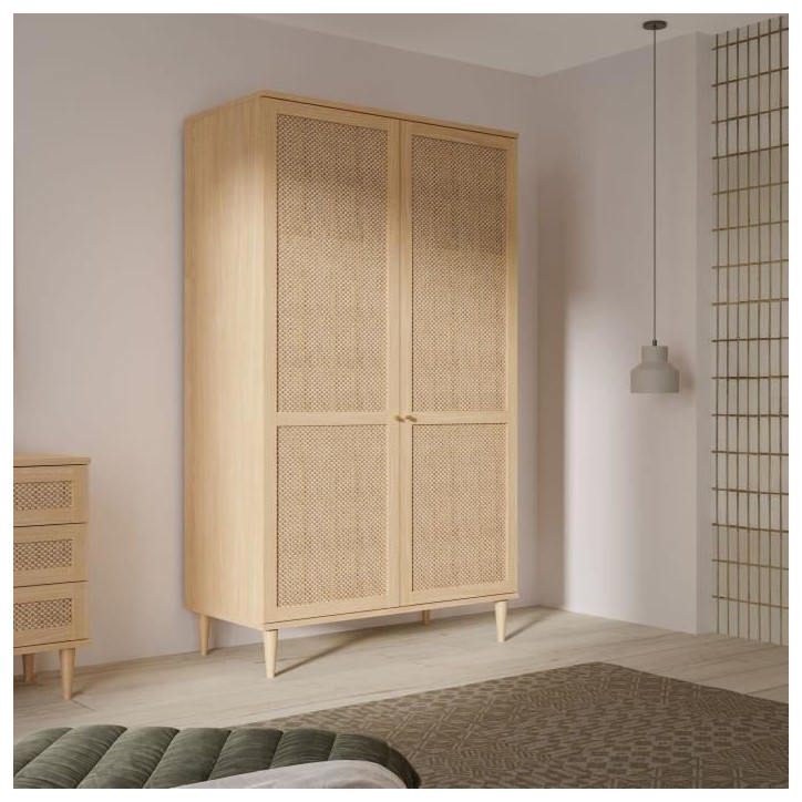 Armoire de chambre - 2 portes battantes - Décor Chene - Cannage - L110 x H208 x P54 cm - CALASETTA Armoire de chambre - 2 portes battantes - Décor Chene - Cannage - L110 x H208 x P54 cm - CALASETTA