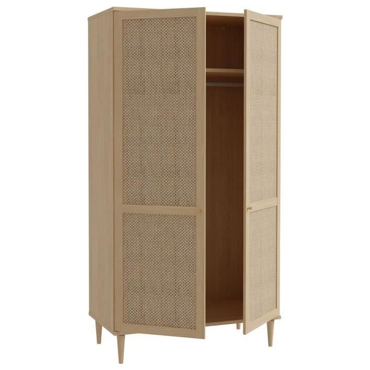Armoire de chambre - 2 portes battantes - Décor Chene - Cannage - L110 x H208 x P54 cm - CALASETTA Armoire de chambre - 2 portes battantes - Décor Chene - Cannage - L110 x H208 x P54 cm - CALASETTA