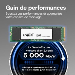 CRUCIAL - Disque SSD - E100 PCIe 4.0 Gen4 2280 NVMe M.2 SSD - 2 To