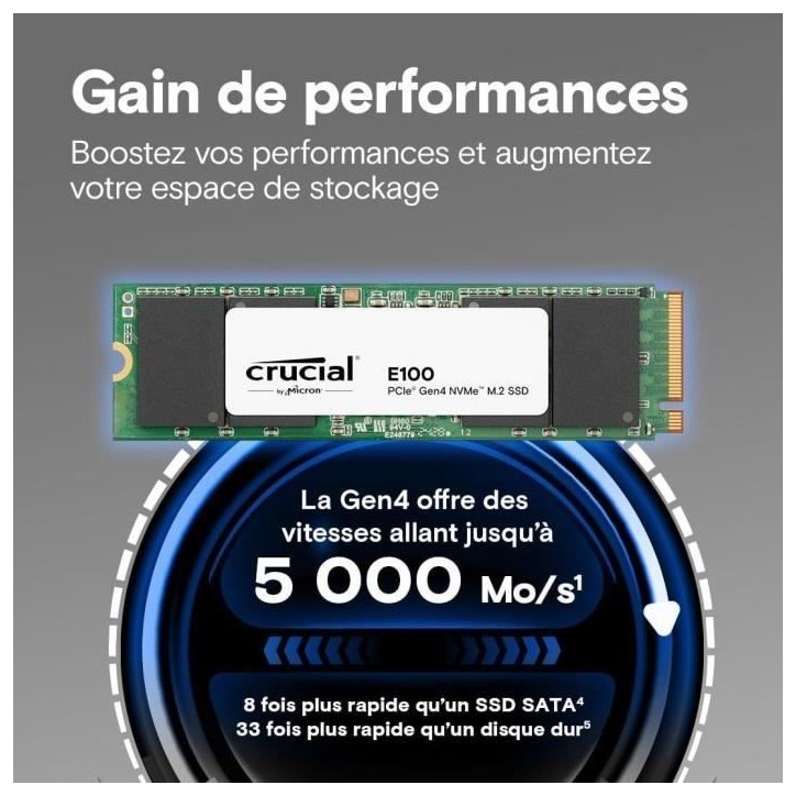 CRUCIAL - Disque SSD - E100 PCIe 4.0 Gen4 2280 NVMe M.2 SSD - 2 To CRUCIAL - Disque SSD - E100 PCIe 4.0 Gen4 2280 NVMe M.2 SSD - 2 To
