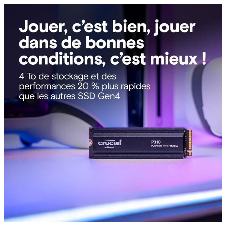 CRUCIAL - P310 - SSD interne - 4 To - PCIe Gen4 NVMe M.2 - Avec dissipateur - Vitesse lecture Jusqu'a 7100 Mo/s - CT4000P31 CRUCIAL - P310 - SSD interne - 4 To - PCIe Gen4 NVMe M.2 - Avec dissipateur - Vitesse lecture Jusqu'a 7100 Mo/s - CT4000P31