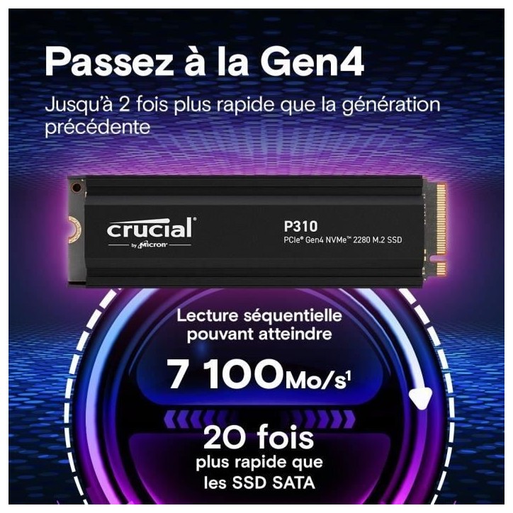 CRUCIAL - P310 - SSD interne - 4 To - PCIe Gen4 NVMe M.2 - Avec dissipateur - Vitesse lecture Jusqu'a 7100 Mo/s - CT4000P31 CRUCIAL - P310 - SSD interne - 4 To - PCIe Gen4 NVMe M.2 - Avec dissipateur - Vitesse lecture Jusqu'a 7100 Mo/s - CT4000P31