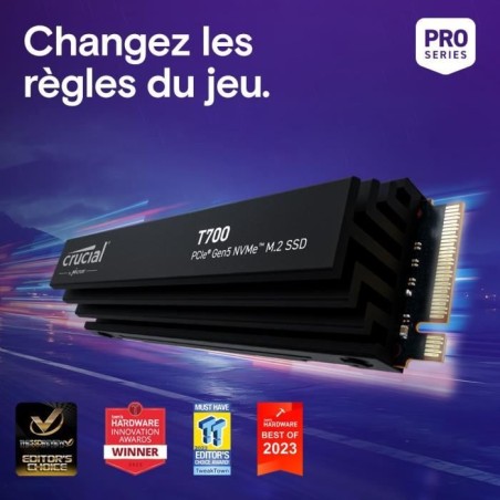 SSD interne - Crucial - T700 - 2 To - avec Diss - PCIe 5.0 - 12 400 Mo/s lecture - 11 800 Mo/s écriture
