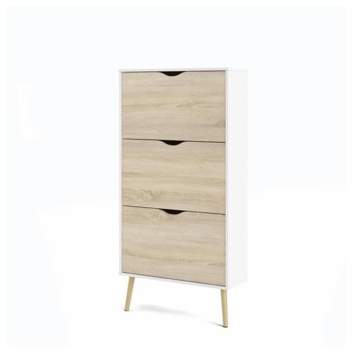 Meuble a chaussures - Blanc / Chene - 12 paires - Pietement évasé en bois massif - 70,2 x 23,9 x 138,9 cm ARO Meuble a chaussures - Blanc / Chene - 12 paires - Pietement évasé en bois massif - 70,2 x 23,9 x 138,9 cm ARO