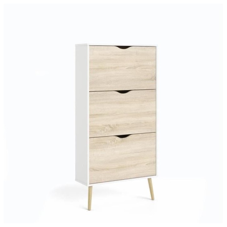 Meuble a chaussures - Blanc / Chene - 12 paires - Pietement évasé en bois massif - 70,2 x 23,9 x 138,9 cm ARO Meuble a chaussures - Blanc / Chene - 12 paires - Pietement évasé en bois massif - 70,2 x 23,9 x 138,9 cm ARO