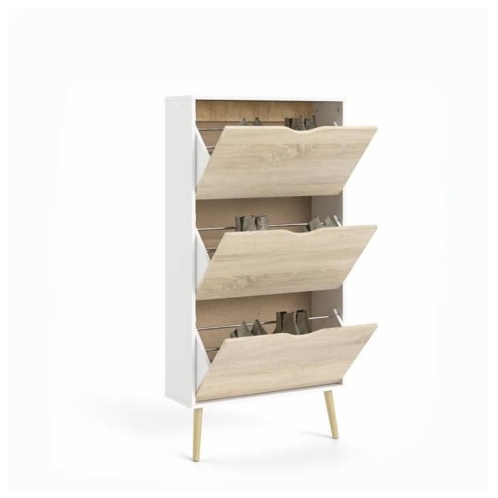 Meuble a chaussures - Blanc / Chene - 12 paires - Pietement évasé en bois massif - 70,2 x 23,9 x 138,9 cm ARO Meuble a chaussures - Blanc / Chene - 12 paires - Pietement évasé en bois massif - 70,2 x 23,9 x 138,9 cm ARO