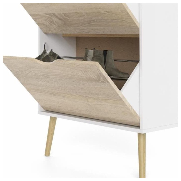 Meuble a chaussures - Blanc / Chene - 12 paires - Pietement évasé en bois massif - 70,2 x 23,9 x 138,9 cm ARO Meuble a chaussures - Blanc / Chene - 12 paires - Pietement évasé en bois massif - 70,2 x 23,9 x 138,9 cm ARO