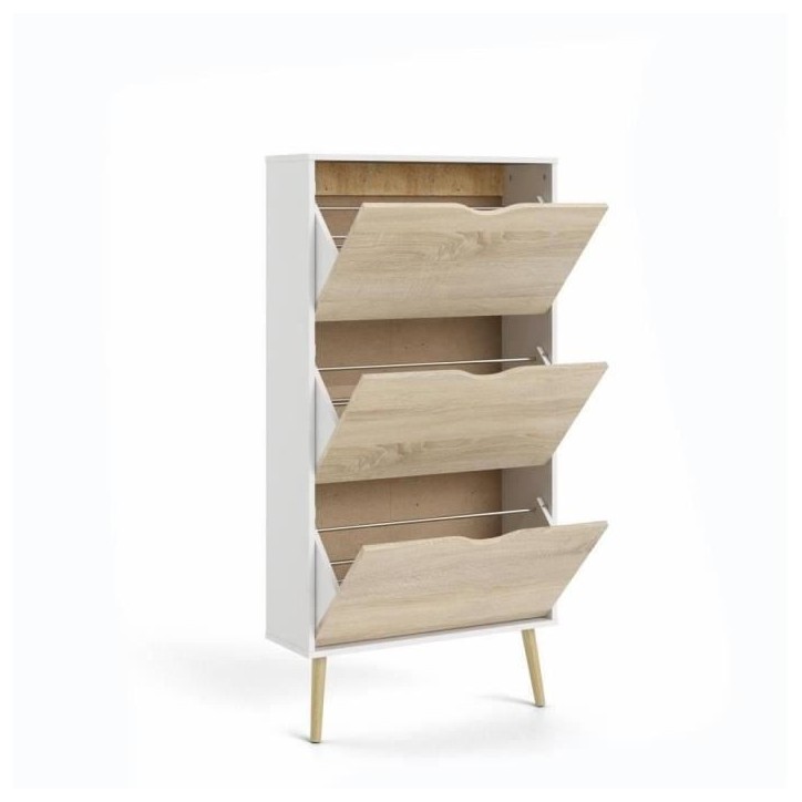 Meuble a chaussures - Blanc / Chene - 12 paires - Pietement évasé en bois massif - 70,2 x 23,9 x 138,9 cm ARO Meuble a chaussures - Blanc / Chene - 12 paires - Pietement évasé en bois massif - 70,2 x 23,9 x 138,9 cm ARO