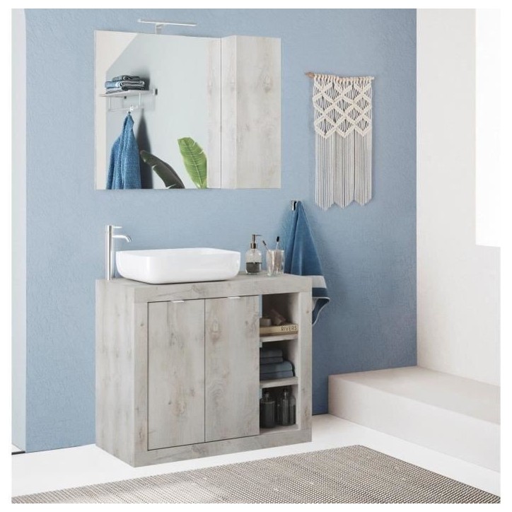 Meuble simple vasque - 2 Portes + 3 niches - L 92 x P47 x H 90cm - effet chene pin clair Meuble simple vasque - 2 Portes + 3 niches - L 92 x P47 x H 90cm - effet chene pin clair