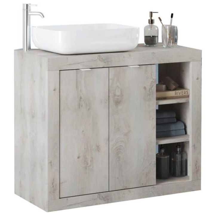Meuble simple vasque - 2 Portes + 3 niches - L 92 x P47 x H 90cm - effet chene pin clair Meuble simple vasque - 2 Portes + 3 niches - L 92 x P47 x H 90cm - effet chene pin clair