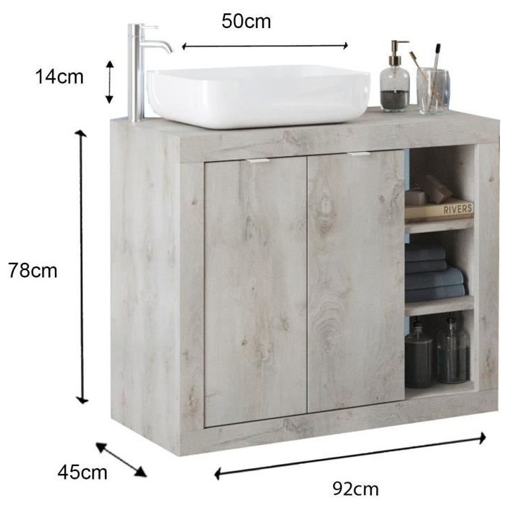 Meuble simple vasque - 2 Portes + 3 niches - L 92 x P47 x H 90cm - effet chene pin clair Meuble simple vasque - 2 Portes + 3 niches - L 92 x P47 x H 90cm - effet chene pin clair