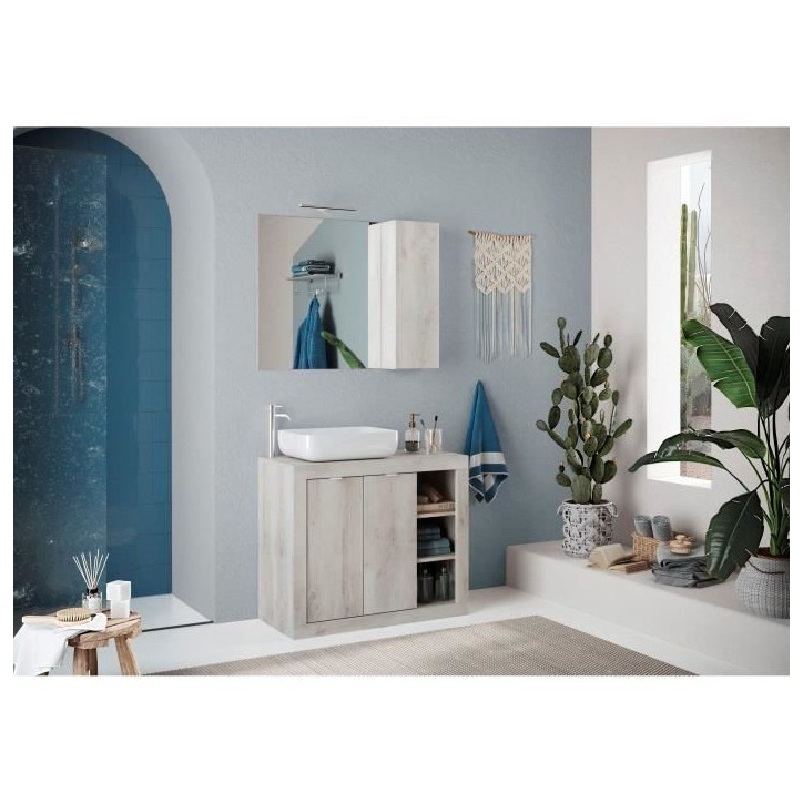Meuble simple vasque - 2 Portes + 3 niches - L 92 x P47 x H 90cm - effet chene pin clair Meuble simple vasque - 2 Portes + 3 niches - L 92 x P47 x H 90cm - effet chene pin clair