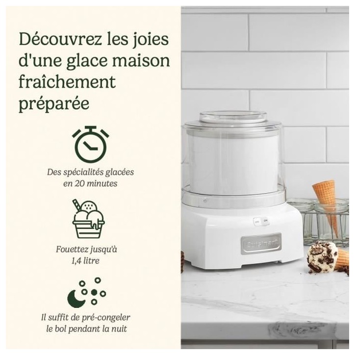 Sorbetiere CUISINART - ICE21E - Capacité 1,4L - Préparation rapide en 25min - 35W