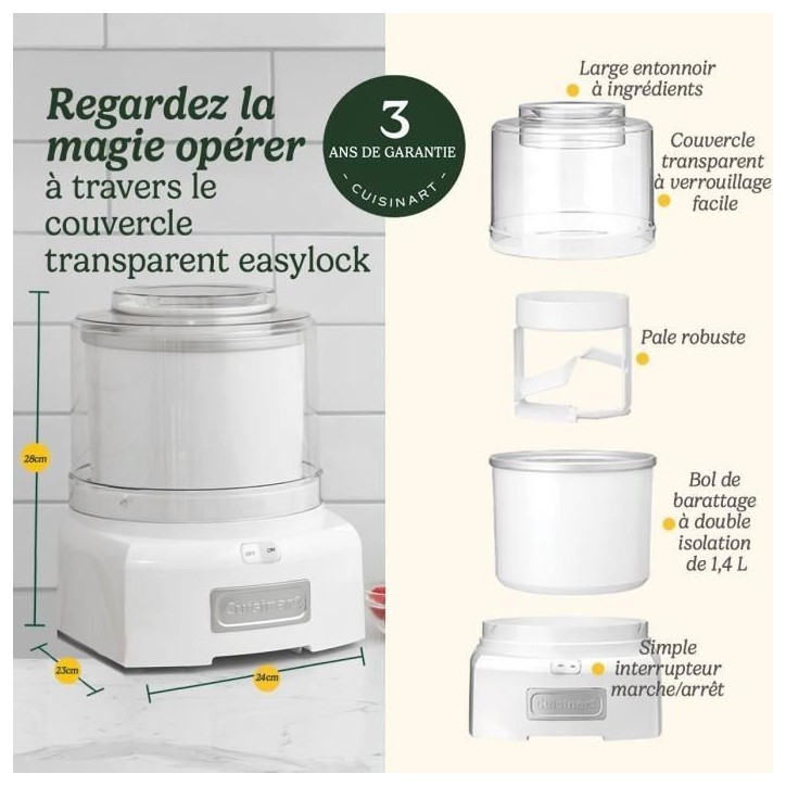 Sorbetiere CUISINART - ICE21E - Capacité 1,4L - Préparation rapide en 25min - 35W