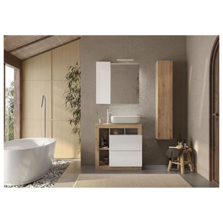 Ensemble meuble Salle de bain 78cm simple vasque + colonne - Coloris chene clair et laqué blanc - HAMBOURG Ensemble meuble Salle de bain 78cm simple vasque + colonne - Coloris chene clair et laqué blanc - HAMBOURG