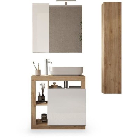 Ensemble meuble Salle de bain 78cm simple vasque + colonne - Coloris chene clair et laqué blanc - HAMBOURG