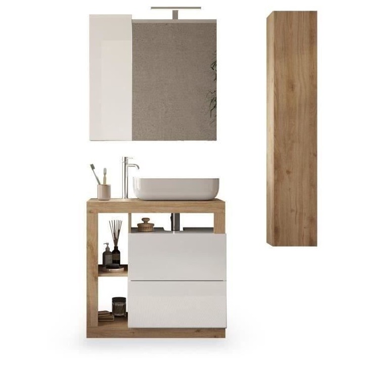 Ensemble meuble Salle de bain 78cm simple vasque + colonne - Coloris chene clair et laqué blanc - HAMBOURG Ensemble meuble Salle de bain 78cm simple vasque + colonne - Coloris chene clair et laqué blanc - HAMBOURG