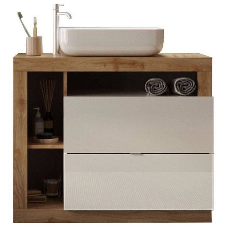Ensemble meuble Salle de bain 78cm simple vasque + colonne - Coloris chene clair et laqué blanc - HAMBOURG Ensemble meuble Salle de bain 78cm simple vasque + colonne - Coloris chene clair et laqué blanc - HAMBOURG
