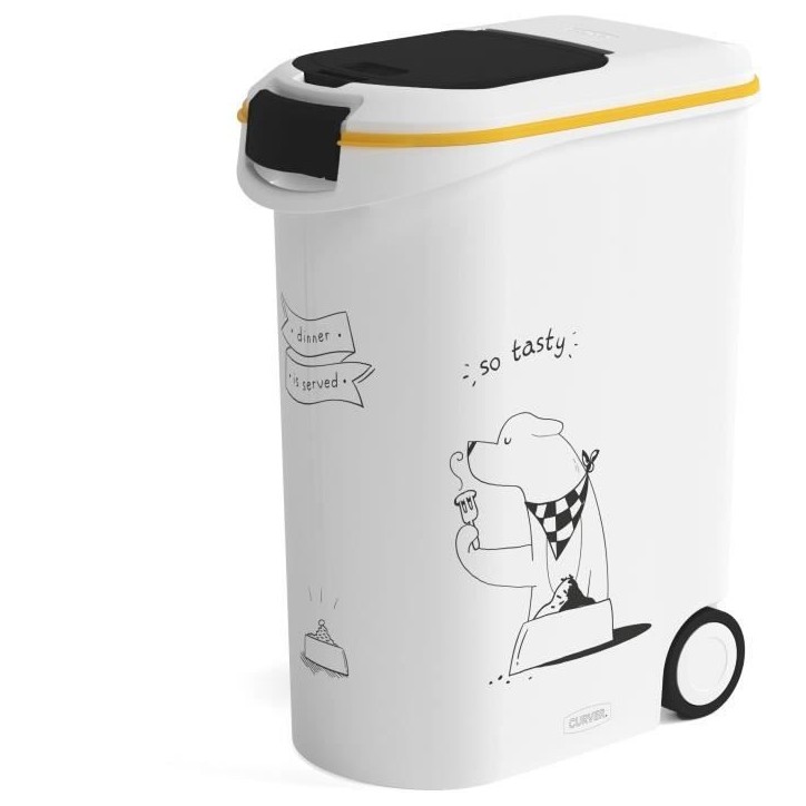 CURVER Conteneur a croquettes pour chien a roulettes 20 kg - 54L - Le diner et servi