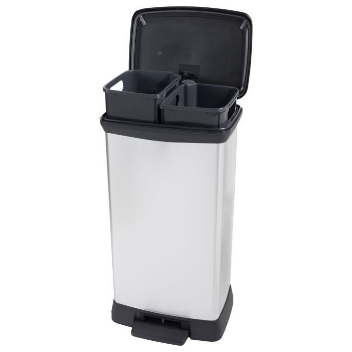 Poubelle Duo Rectangle - DECO BIN - CURVER - 46L (23+23L) - Double compartiment - 39 x 29 x 72 cm - Gris métallisé Poubelle Duo Rectangle - DECO BIN - CURVER - 46L (23+23L) - Double compartiment - 39 x 29 x 72 cm - Gris métallisé